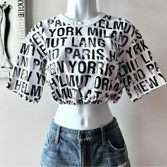 Helmut Lang WomenâsâUpcycled All Over Logo Cropped Short Sleeve Cotton T-shirt S - Picture 2 of 11